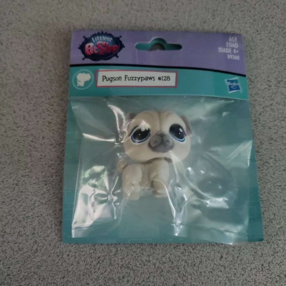 LITTLEST PET SHOP #128 White Grey PUG Dog Pugson Fuzzypaws blue eyes lps